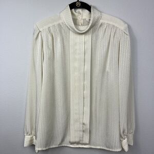 Vintage 1980's Cream Shoulder Padded Blouse Back Button Tan Flay 100% Polyester